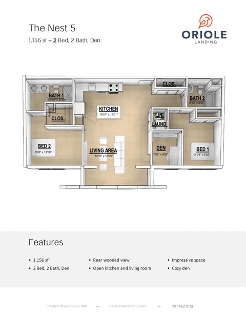 2 bedroom 2 bathroom floor plan D at Oriole Landing, Massachusetts